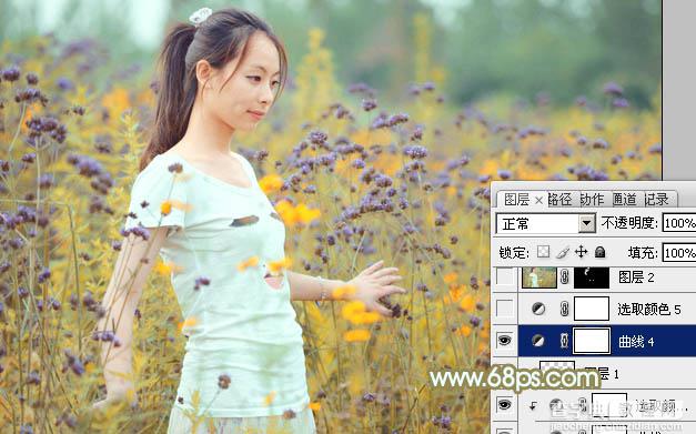 Photoshop为野花中的美女加上小清新的粉黄色38