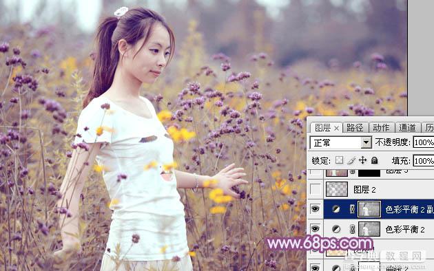 Photoshop为站在野花从中的美女调制出柔美的淡紫色31