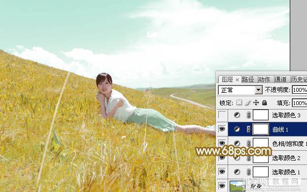 Photoshop为草坡上的美女调出秋季小清新的青黄色17