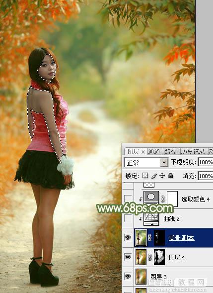 Photoshop将小树林中的美女调制出浓厚的橙绿色29