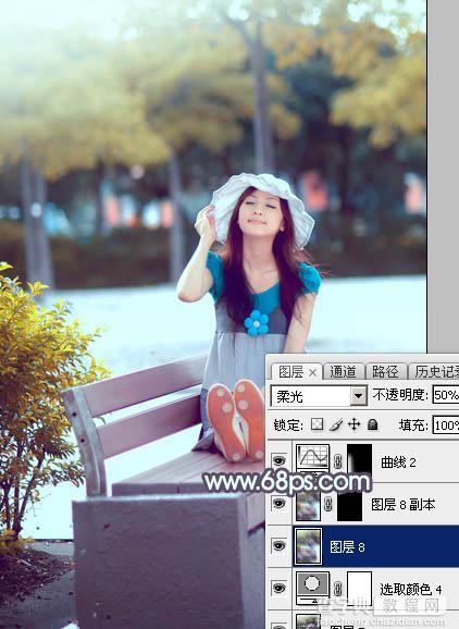 Photoshop给公园长凳上的美女调制出秋季蓝黄色42