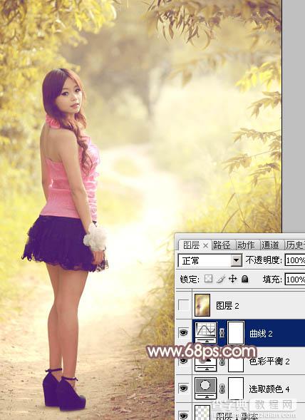 Photoshop为树林小路上的美女调制出唯美的秋季淡暖色45