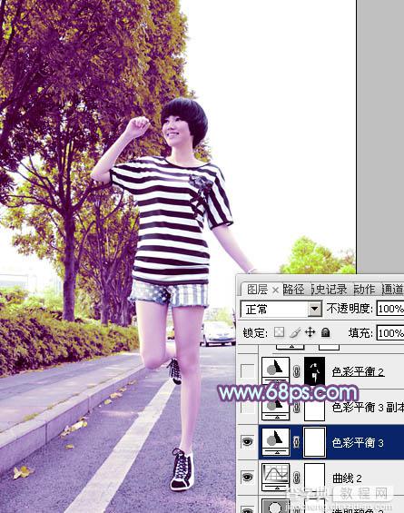 Photoshop将公路上的美女调制出清爽的紫绿色效果30