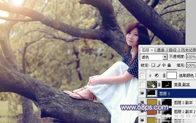 Photoshop为大树上的美女加上秋季晨曦蓝黄色效果22