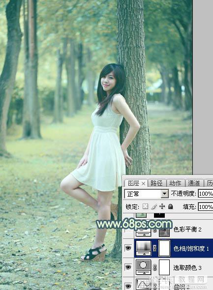 Photoshop为树林美女图片打造出柔和的青黄色30