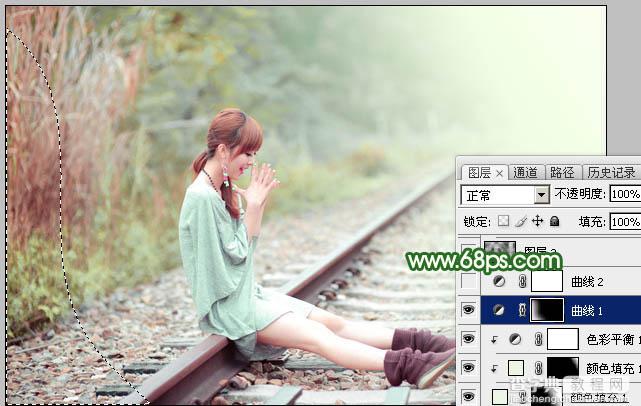 Photoshop为坐在铁轨的美女加上甜美的淡调粉绿色32