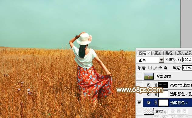 Photoshop给田野中的美女调制出流行的秋季青红色31