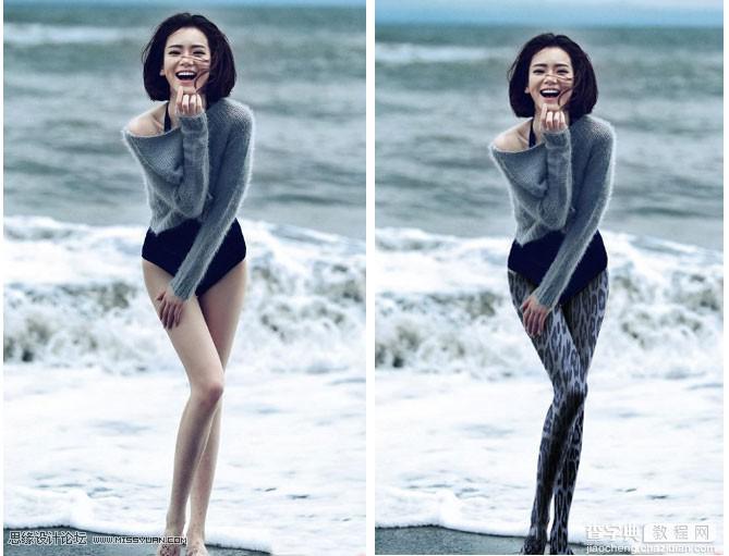 Photoshop给海边美女腿部添加豹纹图案教程1