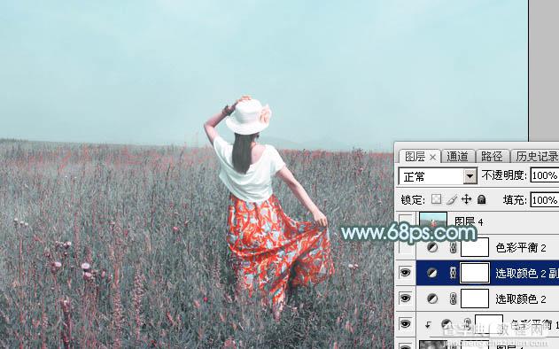 Photoshop为花丛中的美女图片打造柔美的中性淡青色23
