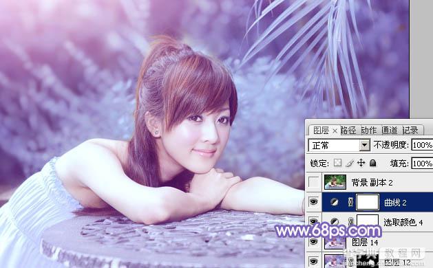 Photoshop为夏日趴在石桌上的美女图片增加小清新淡蓝色33