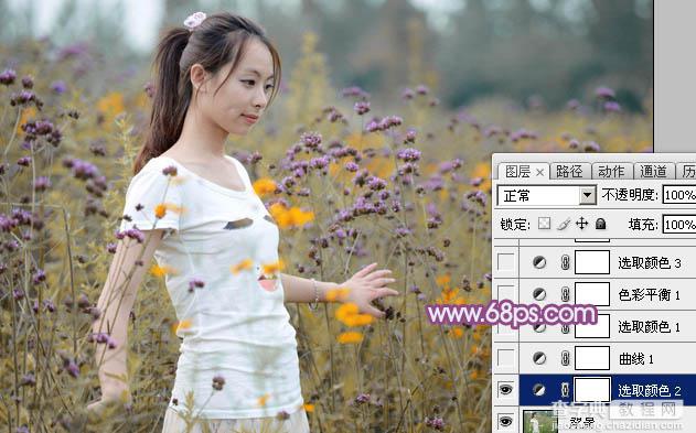 Photoshop为站在野花从中的美女调制出柔美的淡紫色5