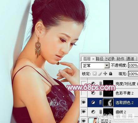 Photoshop为背靠墙壁的美女加上暖暖的淡美青红色22