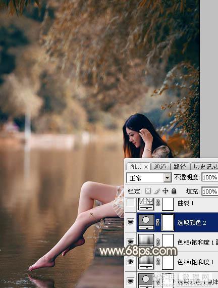 Photoshop为水边的美女图片加上暗调金秋色15