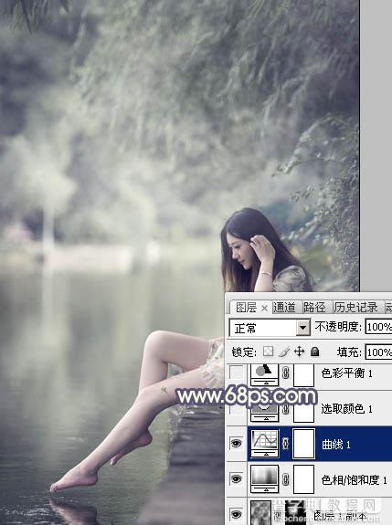 Photoshop为河边美女图片打造古典粉蓝色10