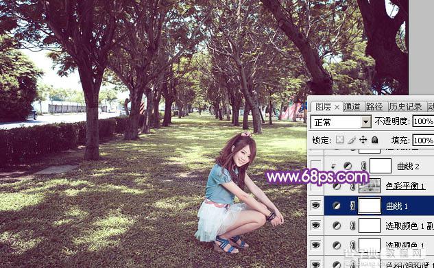 Photoshop为树林下草中的美女调制出淡美的黄紫色15