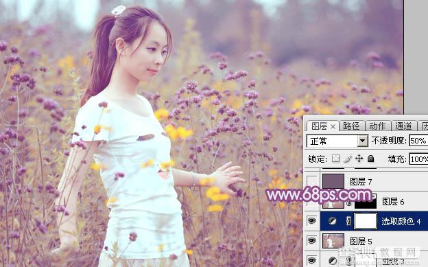 Photoshop为站在野花从中的美女调制出柔美的淡紫色41