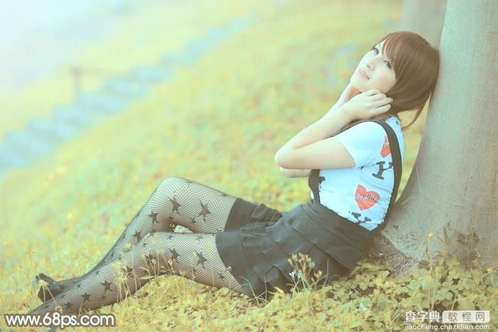 Photoshop将草地美女图片打造柔美的韩系粉黄色2