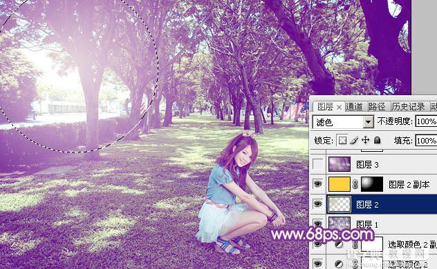 Photoshop为树林下草中的美女调制出淡美的黄紫色28