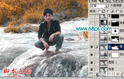 photoshop将溪流中的帅哥图片调制出金秋色7