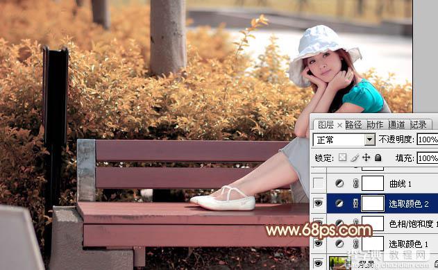 Photoshop为长凳上的美女打造出柔美的秋季红褐色10