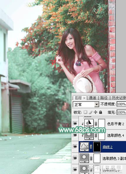 Photoshop为小路边的美女调制出甜美清爽的青红色35