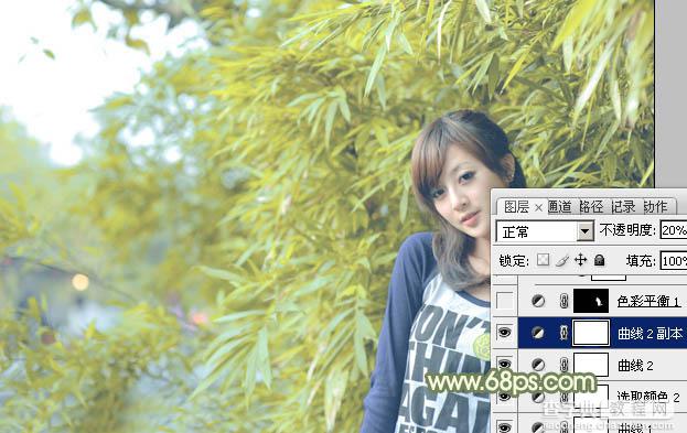 Photoshop为竹林边的美女加上甜美的淡调黄绿色21