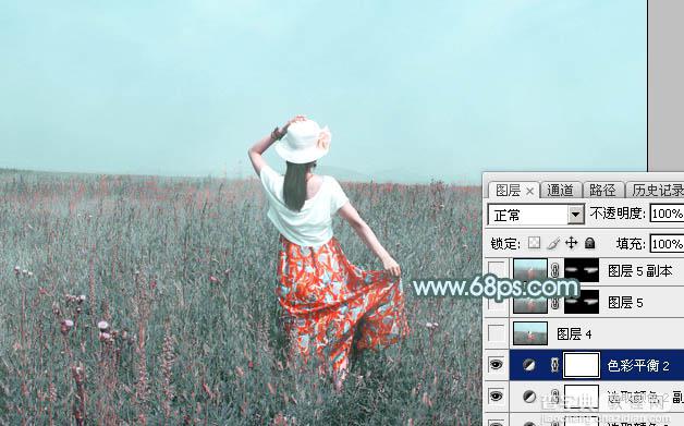 Photoshop为花丛中的美女图片打造柔美的中性淡青色26
