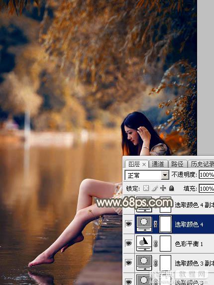 Photoshop为水边的美女图片加上暗调金秋色34