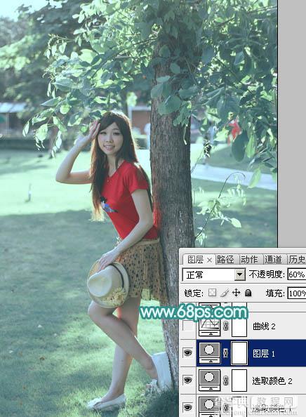 Photoshop为树荫下的美女图片加上清爽的青绿色12