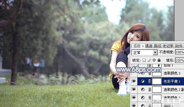 Photoshop为草地上的美女加上柔美的淡调青黄色24