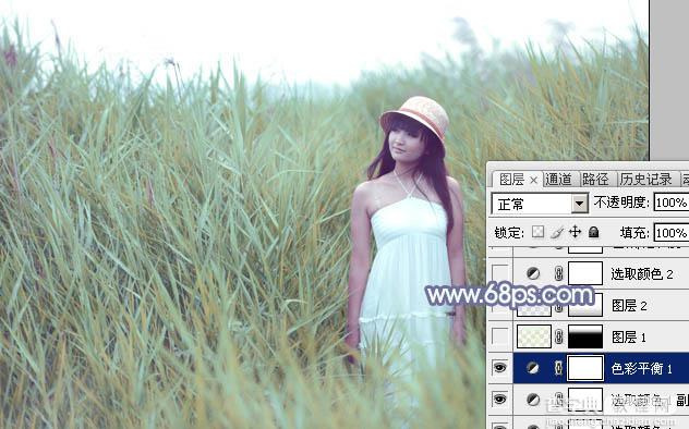 Photoshop将芦草中的美女图片打造唯美的粉调青蓝色23