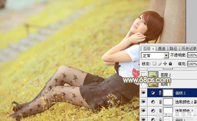 Photoshop将草地美女图片打造柔美的韩系粉黄色21