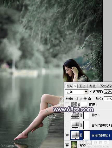 Photoshop将湖景美女图片打造出个性的中性暗蓝色5