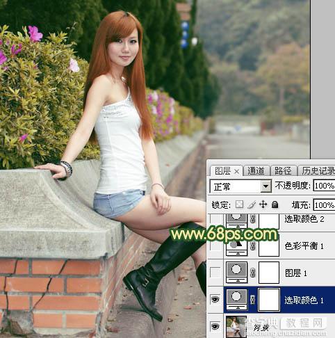 Photoshop将花坛边的美女加上秋季晨曦色7