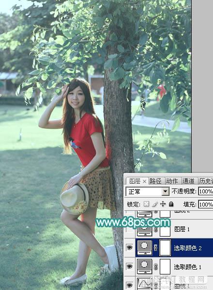 Photoshop为树荫下的美女图片加上清爽的青绿色11