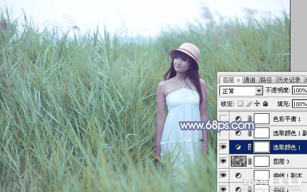 Photoshop将芦草中的美女图片打造唯美的粉调青蓝色19