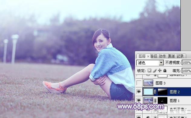 Photoshop为偏暗的草地美女图片加上柔美的浅蓝色调31