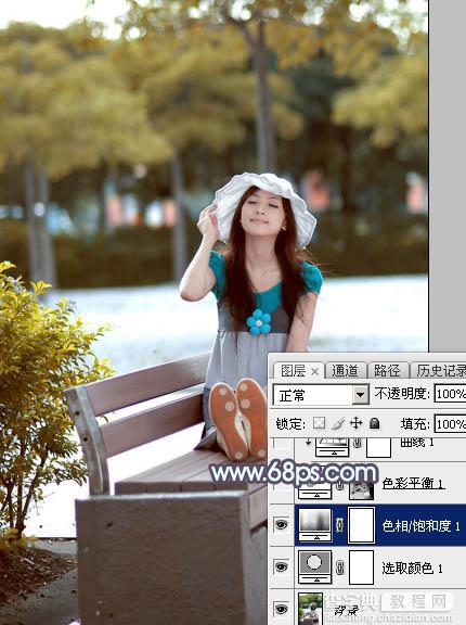 Photoshop给公园长凳上的美女调制出秋季蓝黄色9