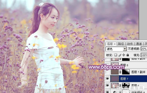 Photoshop为站在野花从中的美女调制出柔美的淡紫色42