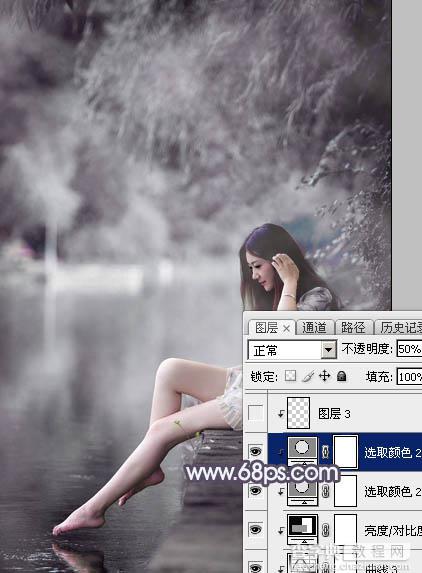 Photoshop将湖景美女图片打造出个性的中性暗蓝色33