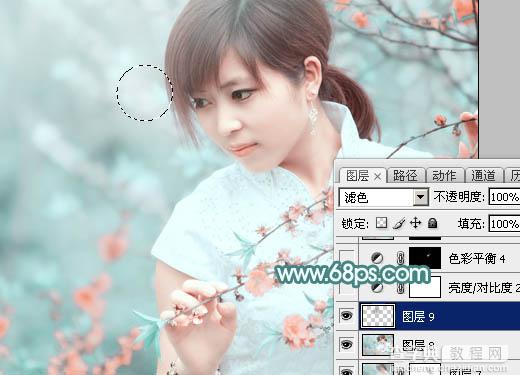 Photoshop将桃花林中的美女加上清爽的古典淡青色43