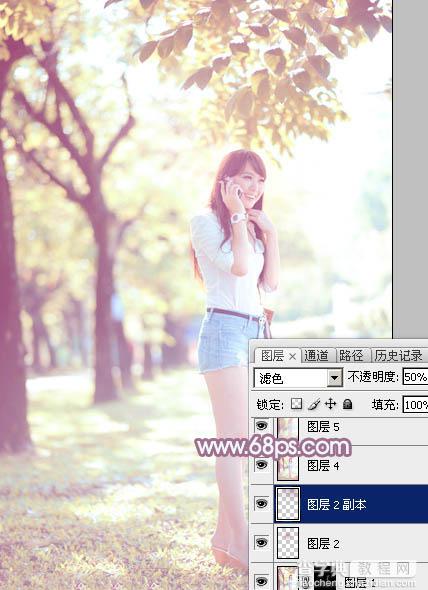 Photoshop为树荫下的美女图片打造淡淡柔美的蓝黄色44