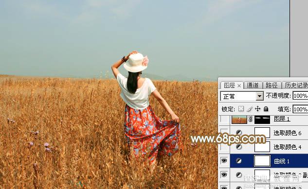 Photoshop给田野中的美女调制出流行的秋季青红色17