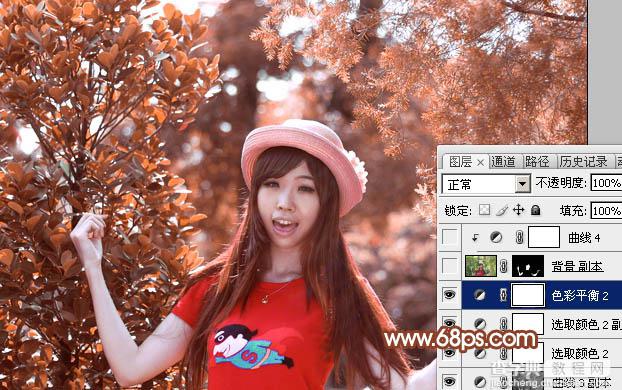 Photoshop打造唯美的橙红色树林人物图片35