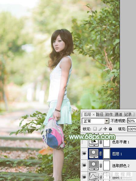 Photoshop将树边美女图片调制出唯美的淡调嫩绿色17