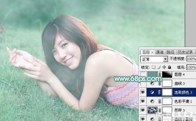 Photoshop为趴在草地上的美女打造柔和唯美清爽的青绿色29