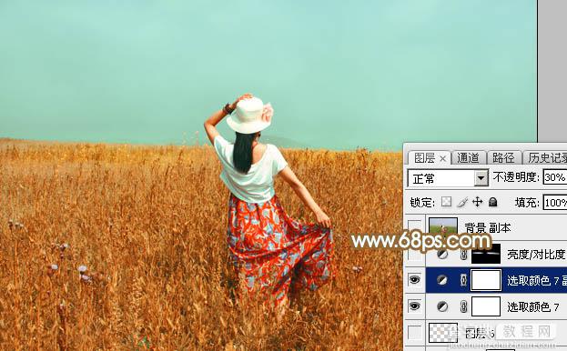 Photoshop给田野中的美女调制出流行的秋季青红色32