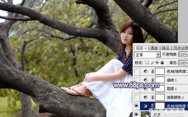 Photoshop为大树上的美女加上秋季晨曦蓝黄色效果5