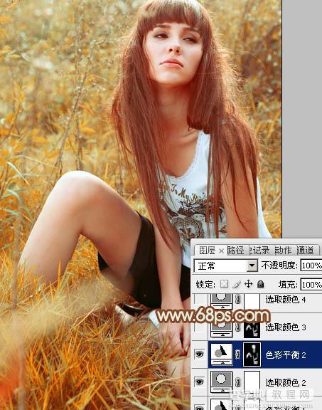 Photoshop将坐草地的美女增加上秋季橙色调26
