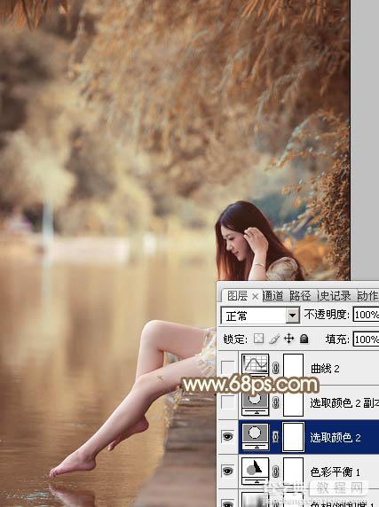 Photoshop为湖边戏水美女打造柔和淡美的红褐色20